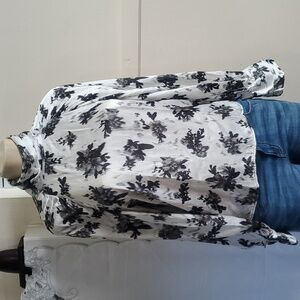 Zara Floral Long Sleeve Pleated Mock Neck Blouse Black White Silk Size L